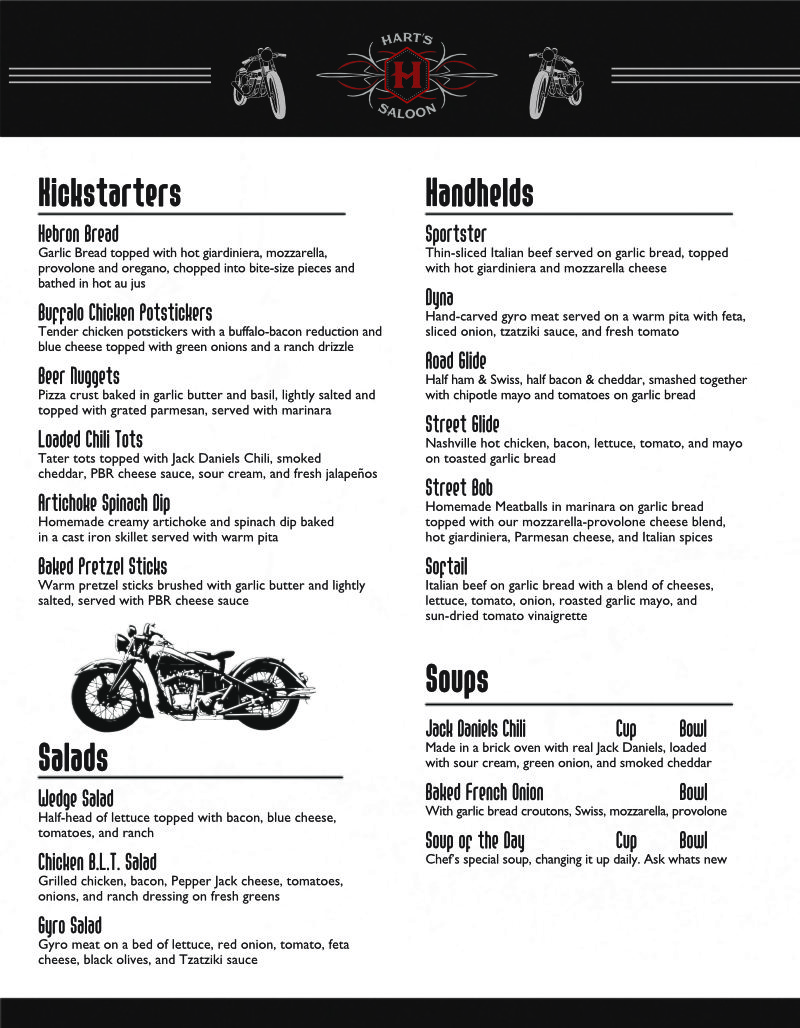 Hart's Saloon menu — back, showing handhelds, soups, and entrées