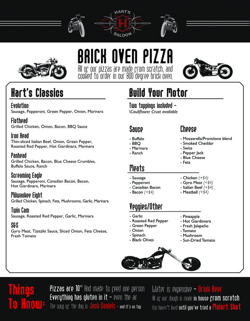 Hart's Saloon menu — front, showing appetizers, pizzas, and salads